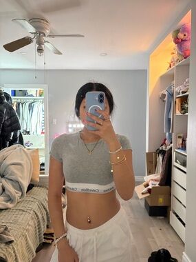 Calvin Klein Light Gray Cropped Logo Hem Tee